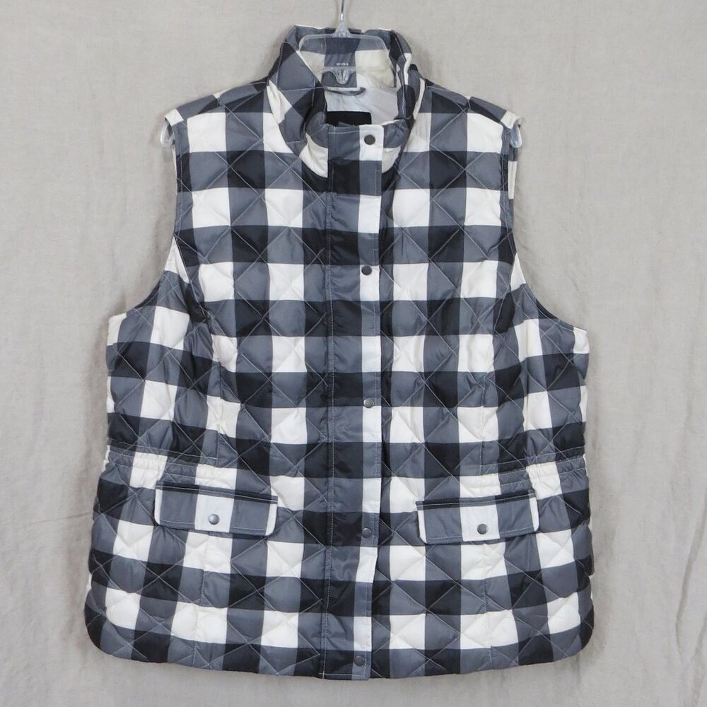 TALBOTS Woman Buffalo Check Plaid Puffer Down Vest SIZE 2X Black & Cream